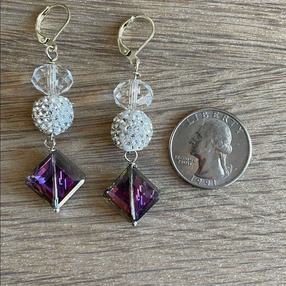 HAND CRAFTED DRAMATIC PARTY EARRINGS Purple Silver Clear Crystals